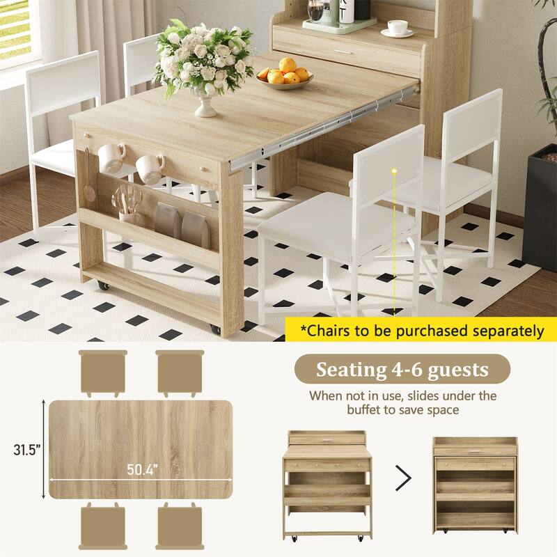 Compact Dining Table with Hutch and Foldable Buffet, Storage Shelf & Side Hooks