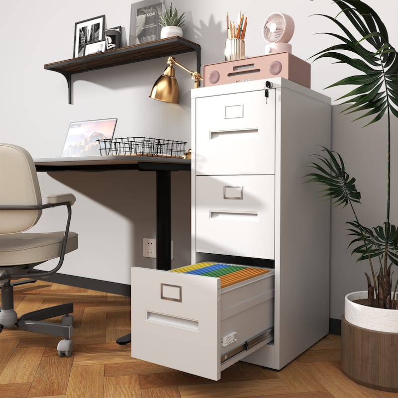 Modern Narrow Vertical File Cabinet, 3 Drawers Filing Cabinet with Lock Adjustable Hanging Rail, for Home Office