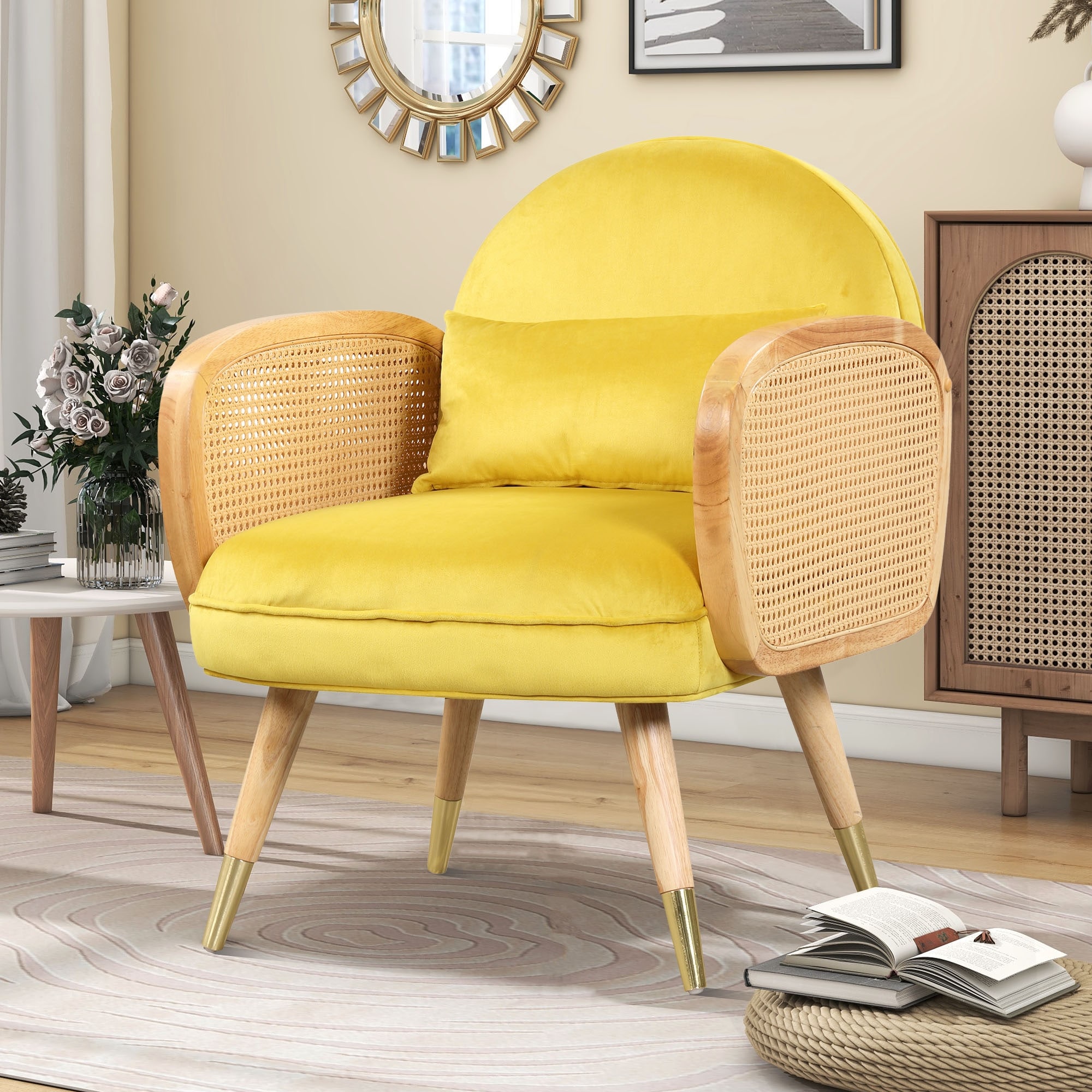 Yellow Velvet Accent Chair Padded Armchair Rattan Armrest Lounge Chair