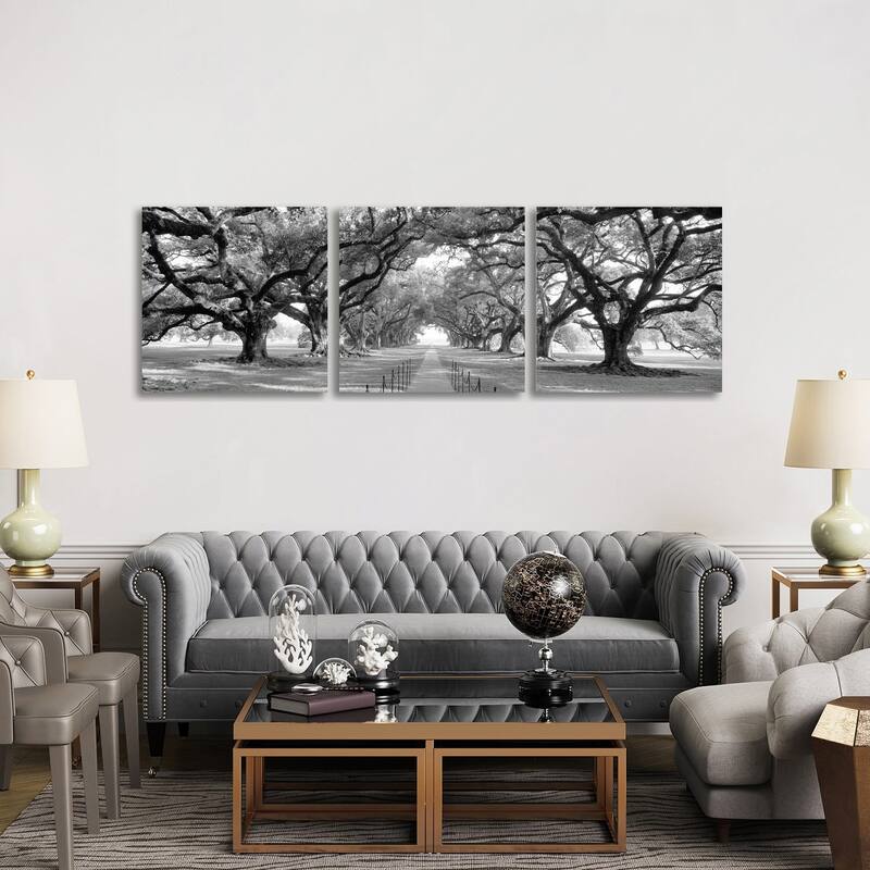 iCanvas "Brick Path Through Alley Of Oak Trees, New Orleans (B&W) II" by Panoramic Images 3-Piece Canvas Wall Art Set - 30x90x1.5