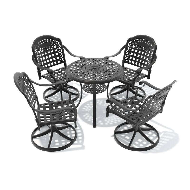 5-Piece Aluminum Round Outdoor Patio Dining Set, 4 Cushioned Swivel Chairs, Table, All-Weather Frames