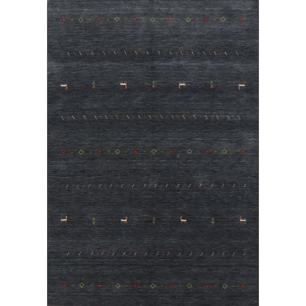 Tribal Gabbeh Area Rug Handmade Oriental Blue Wool Carpet - 5'2" x 7'11"