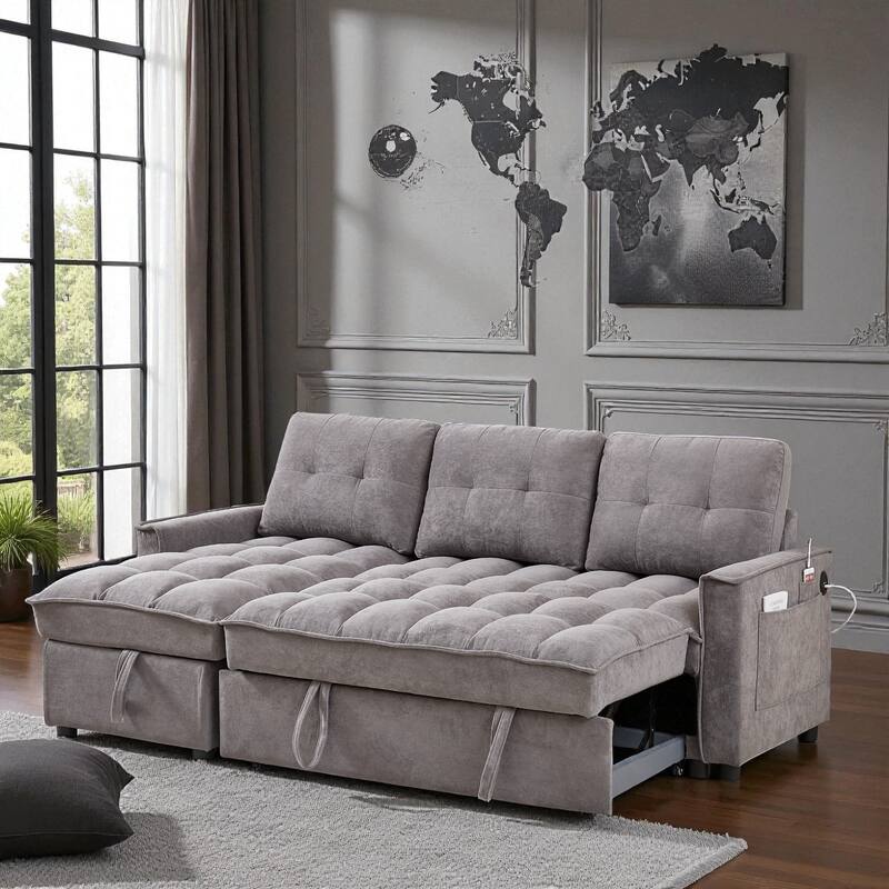 78.75" Chenille Reclining Sectional Sofa with Pull-Out Bed USB Type-C Ports Storage Chaise Modular Convertible Couch