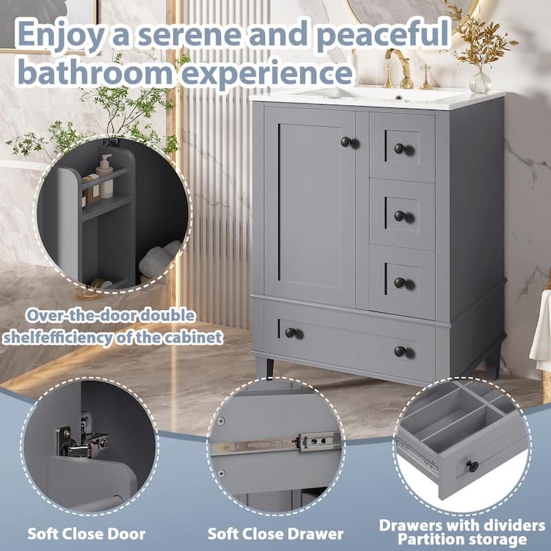 24" Bathroom Vanity with Integrated Ceramic Sink, Soft-Close Drawers and Door, Cabinet with Door Storage Rack