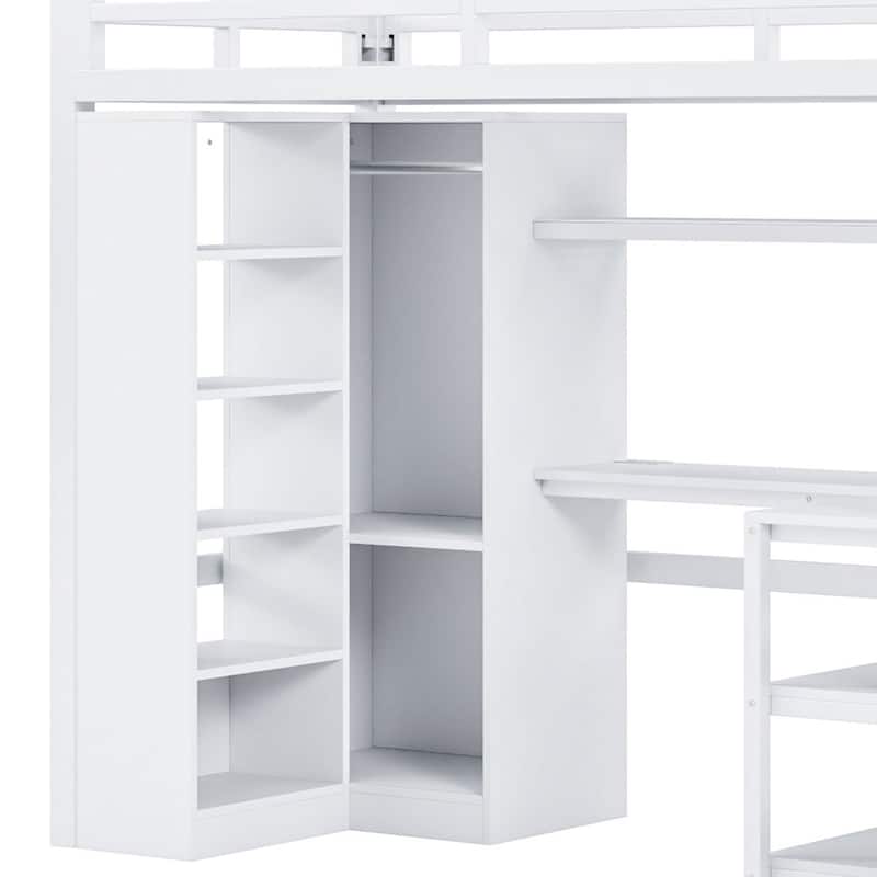 Twin Size Metal Loft Bed Frame with L-Shaped Desk, USB Ports, Storage Shelf, Wardrobe and Stepped Stairs for Bedroom