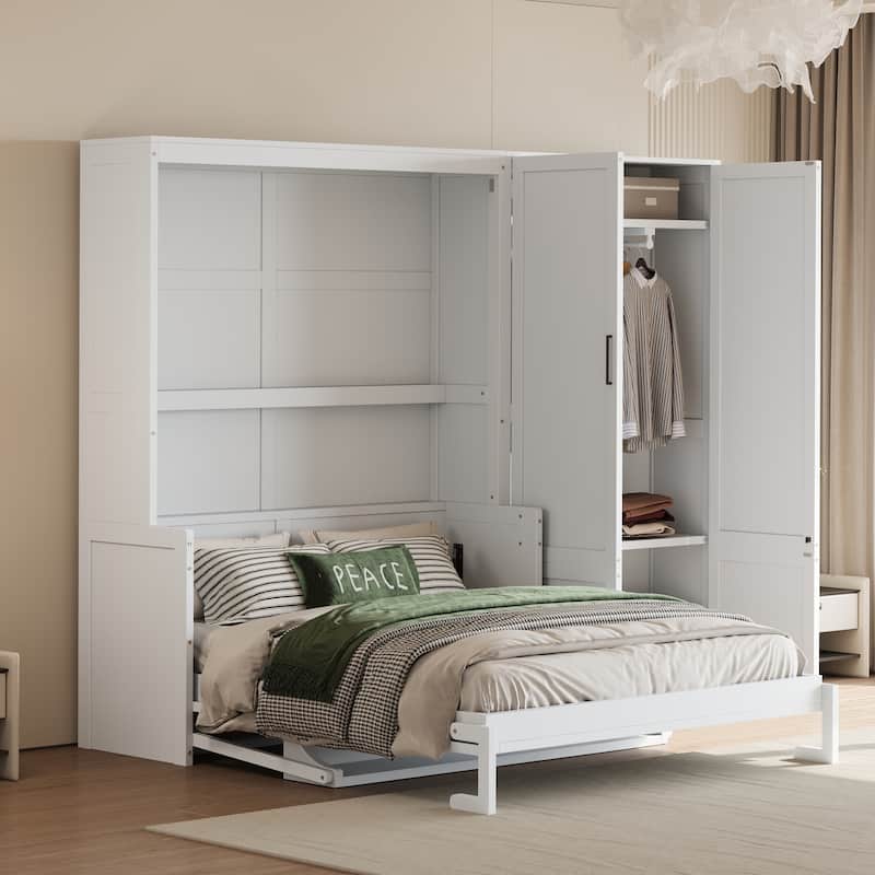 Space-Saving Queen Size Murphy Wall Bed with Built-In Closet and Hydraulic System, White/Gray - White