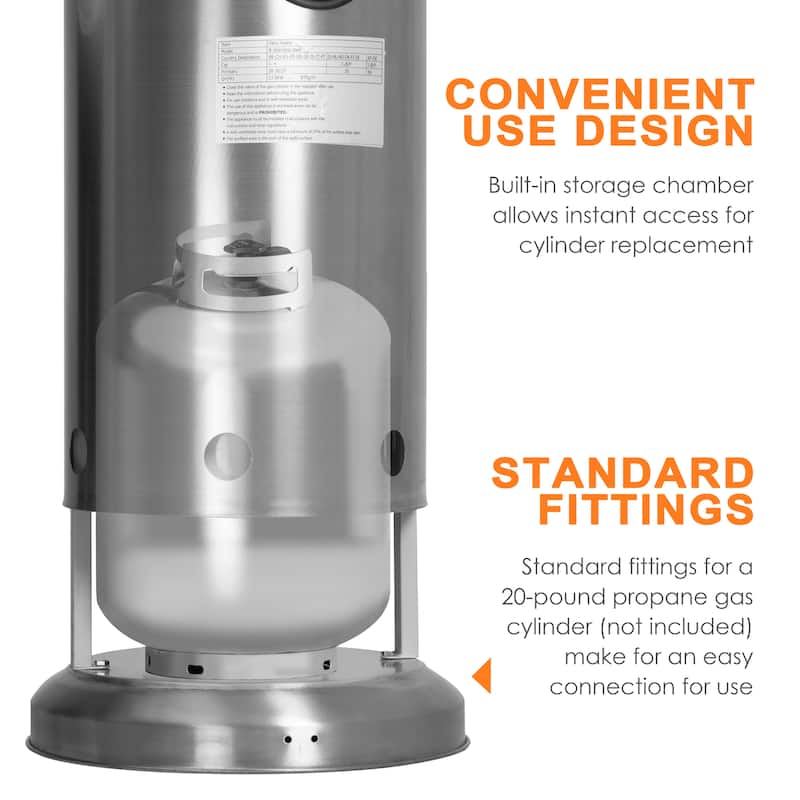 Outdoor 46,000 BTU Stainless Iron Propane Gas Patio Heater with Wheels, Silver
