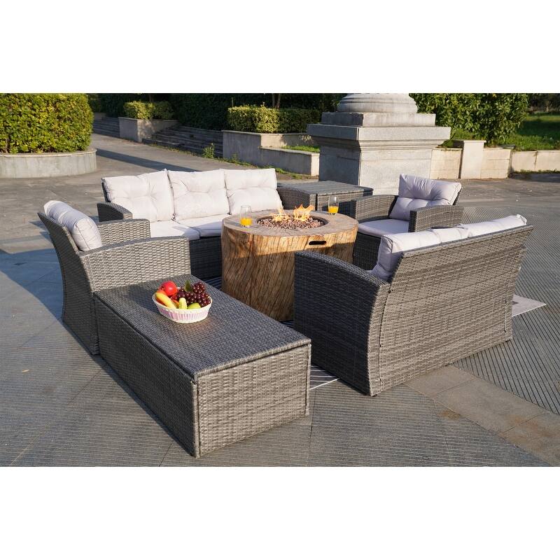 7-Piece Outdoor Wicker Conversation Sofa Set with Fire Pit