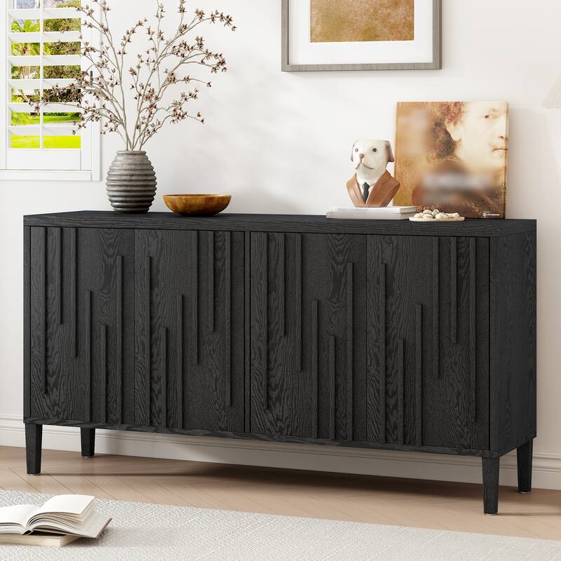 Large Kitchen Sideboard Cabinet, Multifunctional Wooden Storage Cabinet, Entryway Table with Shelf, 4 Doors & Hidden Handle - Black