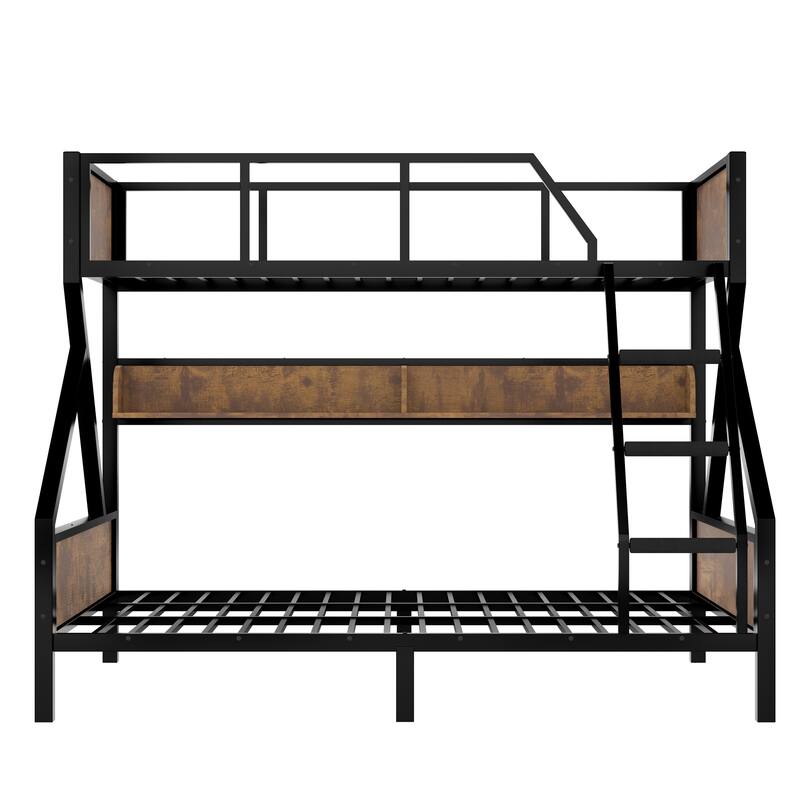 Twin XL over Queen Bunk Bed, Metal Bunk Bed with Storage Shelves and Lights, Space-saving & Noise-free Design, Woodgrain