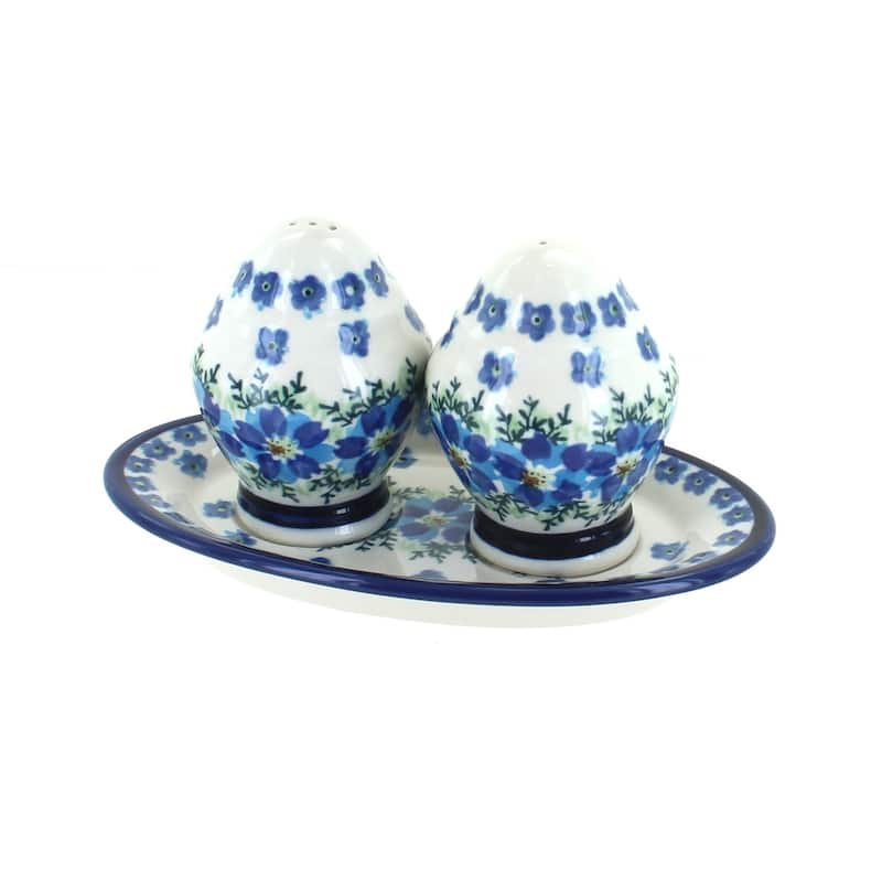 Blue Rose Polish Pottery 1282 Zaklady Salt & Pepper Shakers with Plate - Kalina