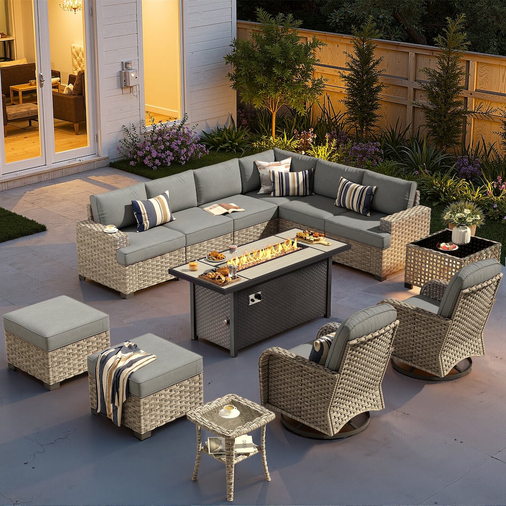 XIZZI 13-Piece Outdoor Wicker Sectional Swivel Chairs Set with Firepit Table