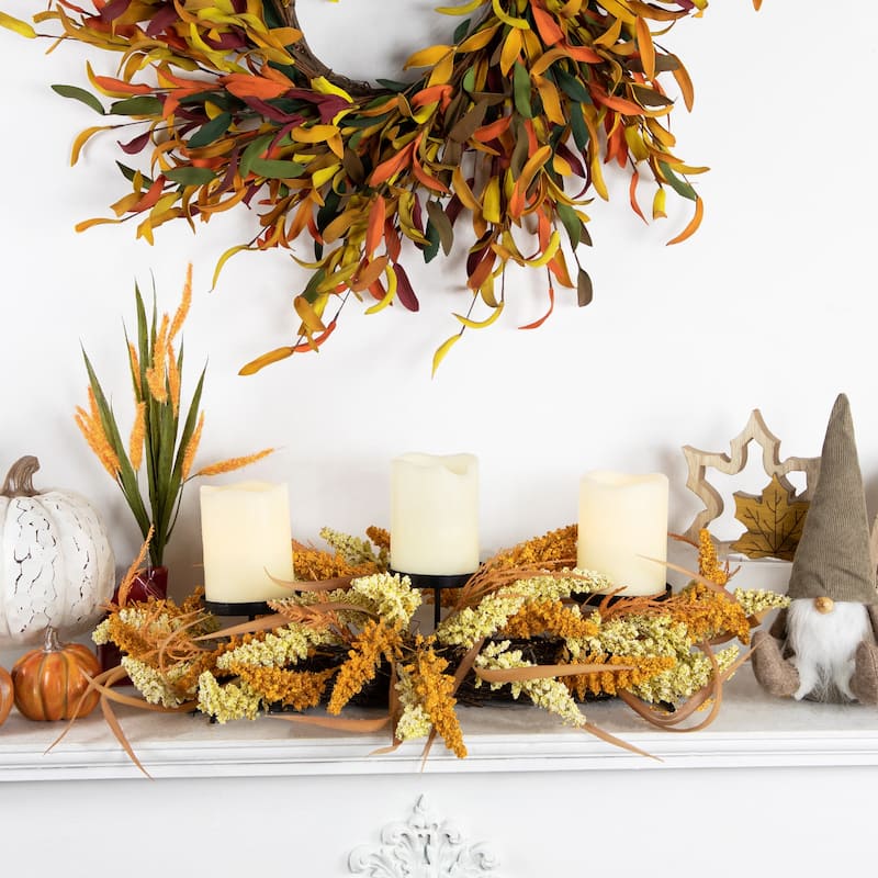 Autumn Harvest Triple Candle Holder with Artificial Fall Foliage - 22"