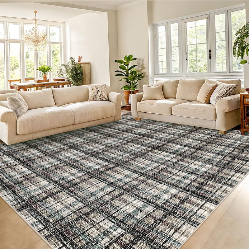 Garvee Timeless Check Washable Area Rug - 10'x13' - Blue-green/Brown