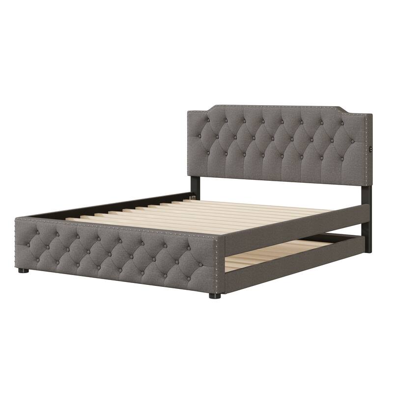 Button-Tufted Queen Platform Bed with Twin Size Trundle, Dual USB Ports, Linen Upholstery