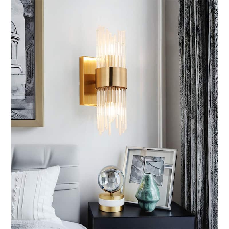 2-Light Modern Brass Wall Sconce with Clear Ribbed Glass Shade - Brass