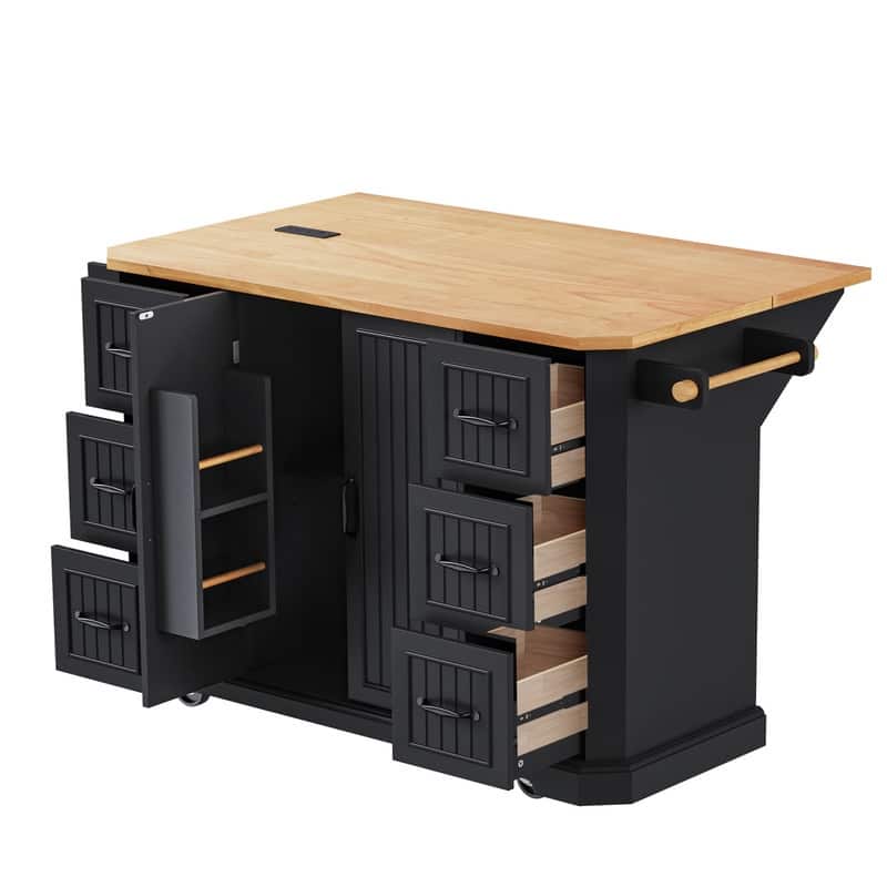 Kitchen Island with Drop Leaf,Features Power Outlet and Ample Storage