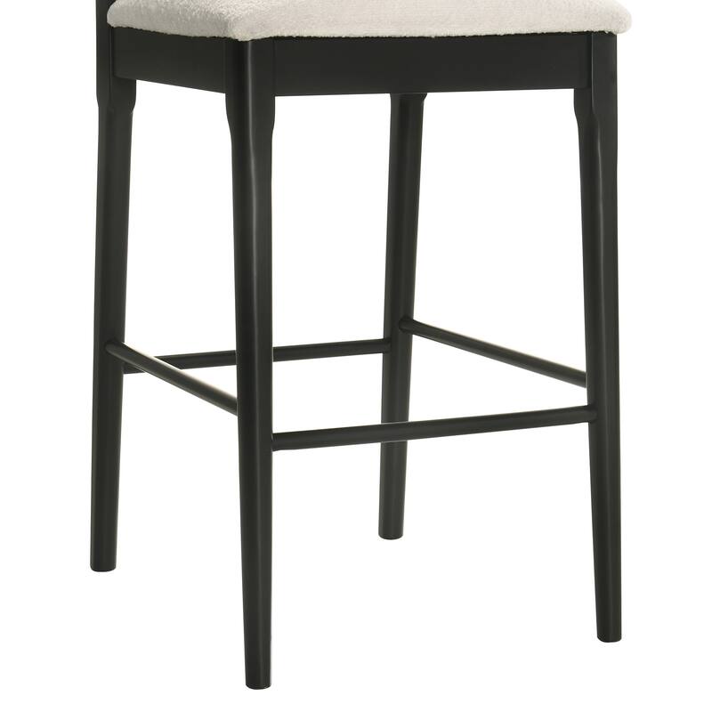 Tobias Rattan and Wood Bar Stool, Counter Height Kitchen Stool with White Boucle Fabric Upholstered Seat
