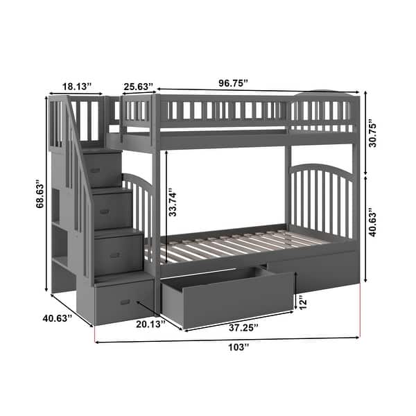 AFI Westbrook Twin over Twin Size Staircase Bunk Bed with Bed Drawers & Charging Station in Grey