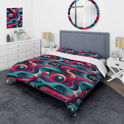 Designart "Pink And Blue Retro Waves II" Blue Modern Bedding Cover Set With 2 Shams