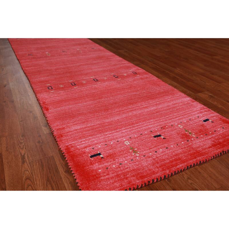 Hand Knotted Oriental 100% Wool Carpet Tribal Stripe Red Gabbeh Runner Rug - 10' 0'' X 2' 6''