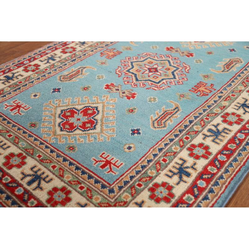 Light Blue Kazak Foyer Rug Geometric Hand-Knotted Wool Carpet - 2'8"x 4'2"