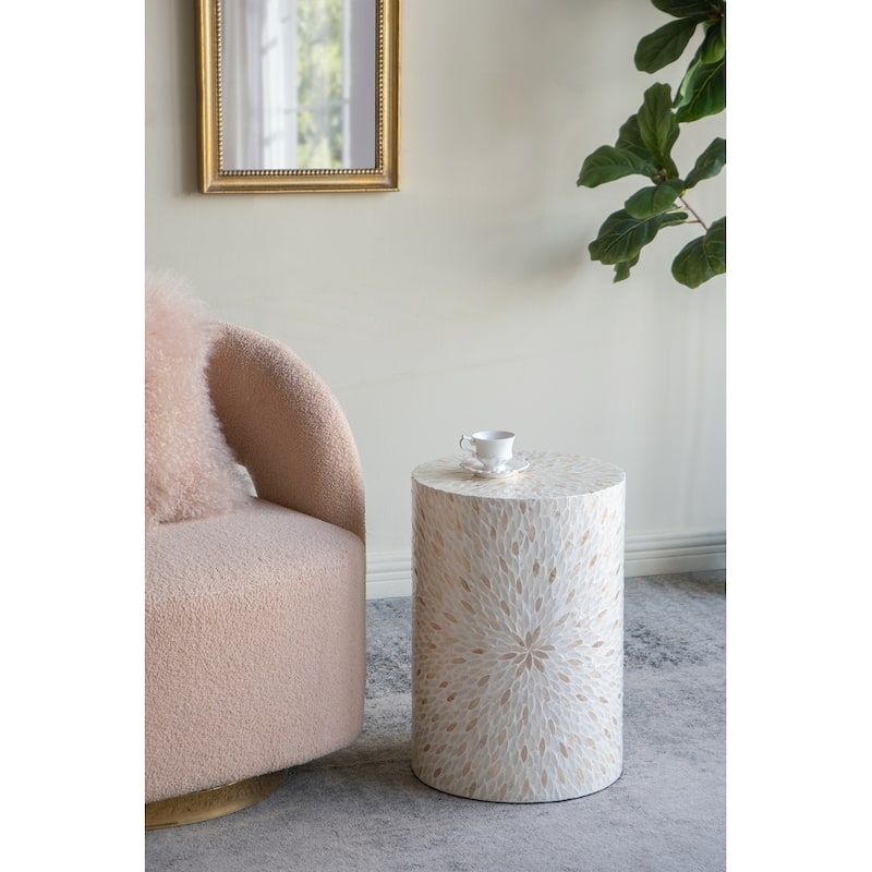 Decorative Drum Stool with Gold and White Capiz Design - Cream