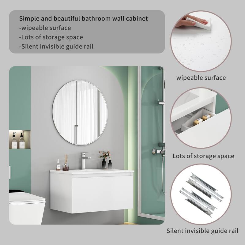 Wall-Mounted Bathroom Vanity, Floating Single Drawer Cabinet, 32 Inch Integrated Ceramic Sink
