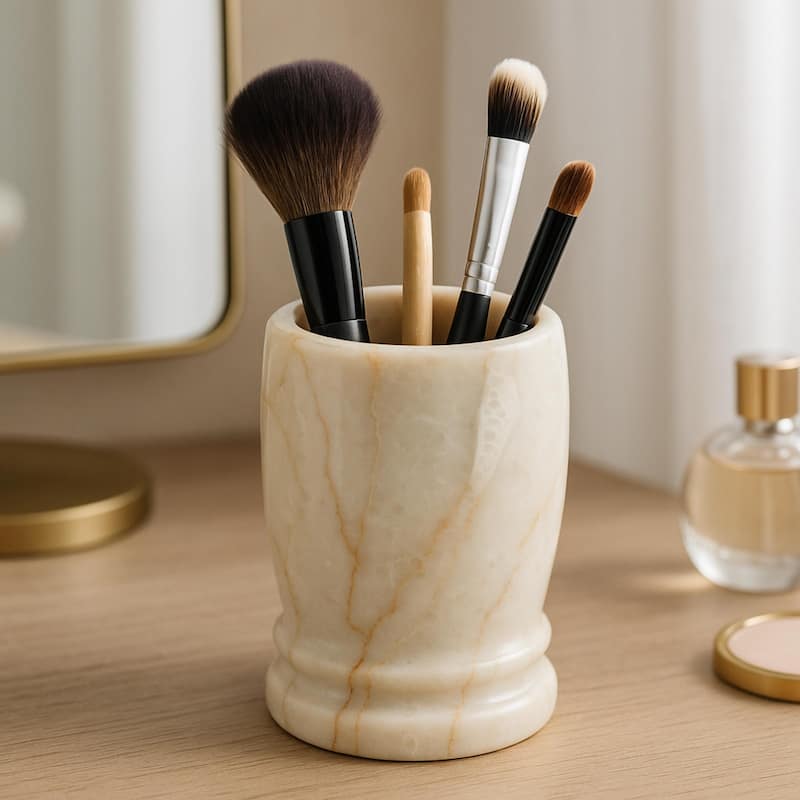 Creative Home Double Rings Collection Champagne Marble Tumbler, Toothbrush Holder, Makeup Brush Organizer - Beige