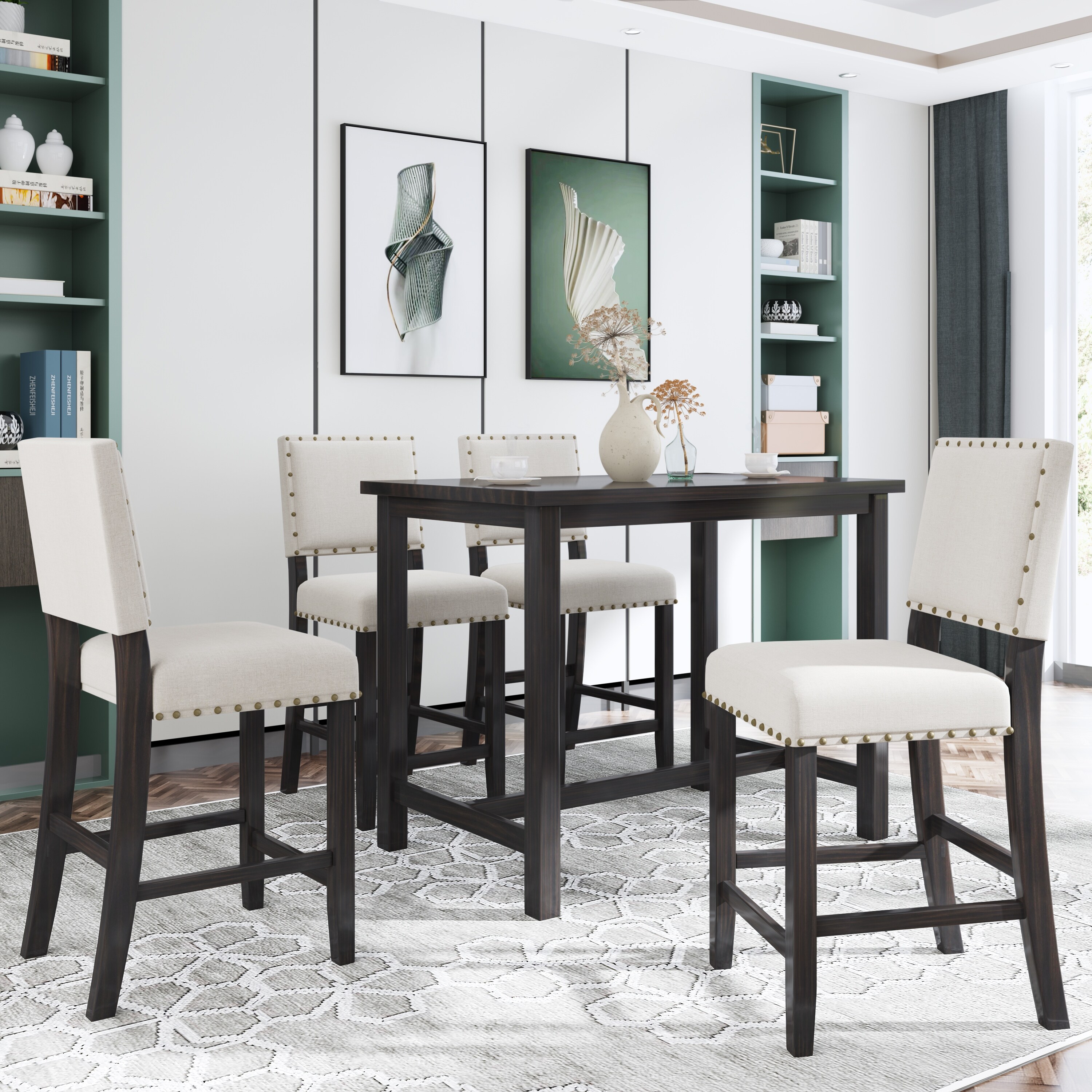 5 Piece Espresso Wooden Counter Height Dining Table Set with Upholstered Chairs Space Saving Design for Small Spaces Bed Bath Beyond 39552653
