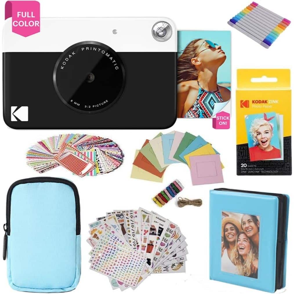Kodak Printomatic Instant Camera Black Gift Bundle with Blue Case, 20 Zink Sheets, Album & More - N/A