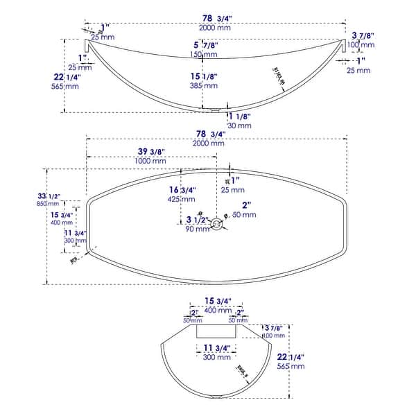 dimension image slide 1 of 3, ALFI brand HammockTub1-BM 79" Acrylic Wall Mounted Hammock Tub
