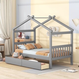 Roomfitters Twin Size Wooden House Bed with Storage, Functional and Stylish Sleeping Solution with Built-In Compartments