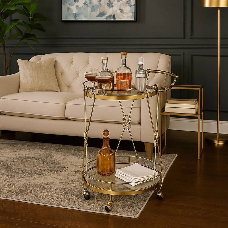 Serving Cart with 2 Glass Shelves and Caster Support, Gold and Clear