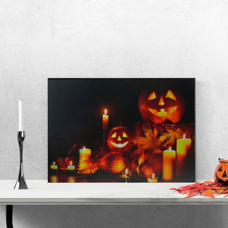 LED Lighted Jack-O-Lanterns and Leaves Halloween Canvas Wall Art 15.75" x 23.5"