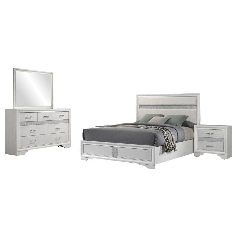 Vino White 4pc California King Bed Set with Dressers, Glitter Accent