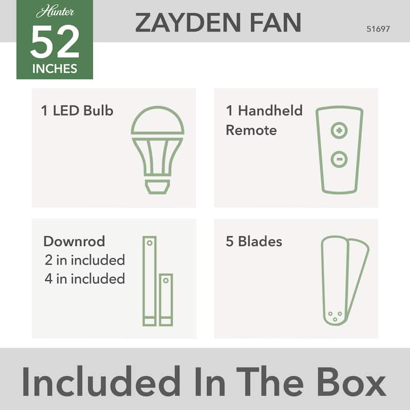 Hunter 52" Zayden Ceiling Fan with LED Light Kit and Handheld Remote - Contemporary, Transitional - Exclusive SureSpeed!