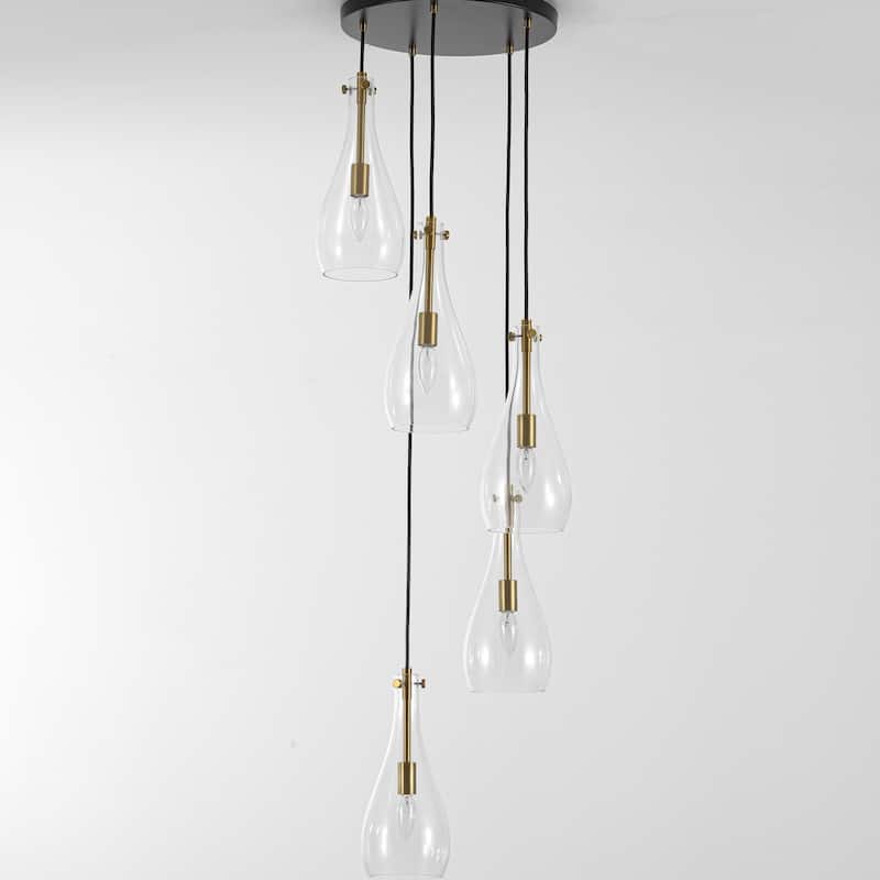 5-Light Modern Black Cluster Raindrop Clear Glass Chandelier for Kitchen Island, Staircase, Hallwya - Black/Clear/Gold - 16 in. W x 13.2 in. H x 16 in. D