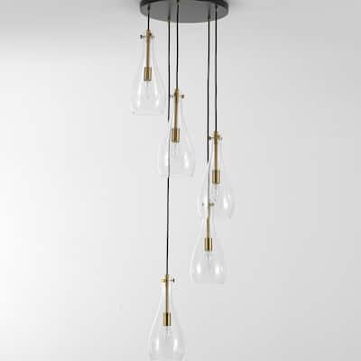 5-Light Modern Black Cluster Raindrop Clear Glass Chandelier for Kitchen Island, Staircase, Hallwya