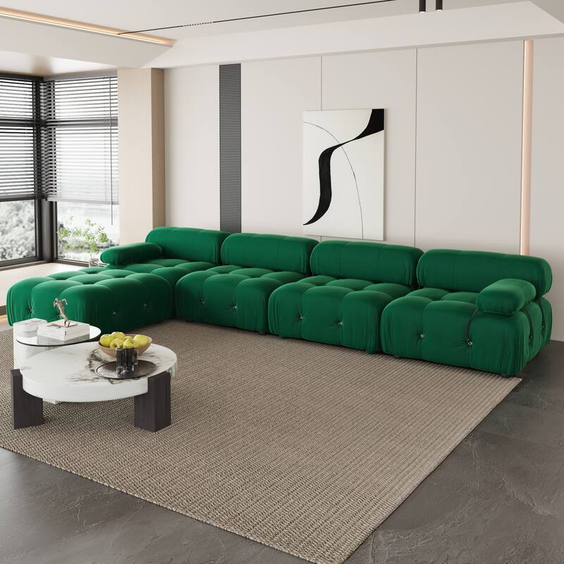 L-Shaped Velvet Sectional Sofa with Ottoman - Green(4seats+1ottoman)