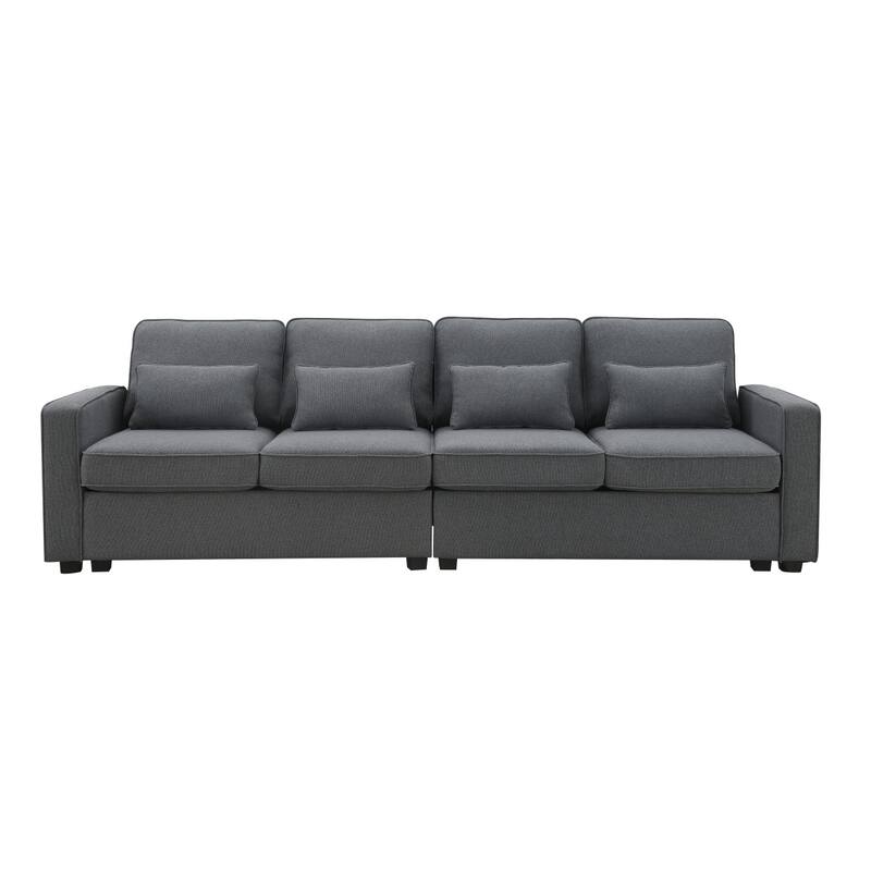 Modern 4 Seater Sofa with Sturdy Plastic Legs, Modern Linen Fabric Sofa with Armrest Pockets & 4 Pillows, Minimalist Style Couch
