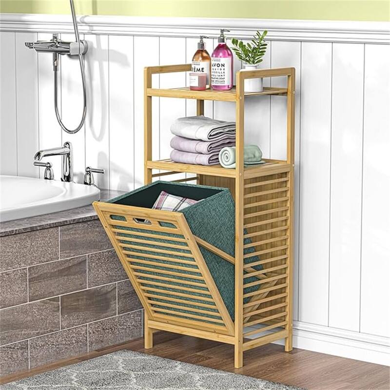 Bamboo Laundry Hamper with Storage Shelves & Clothes Basket - 11.8"D x 15.6"W x 37.4"H