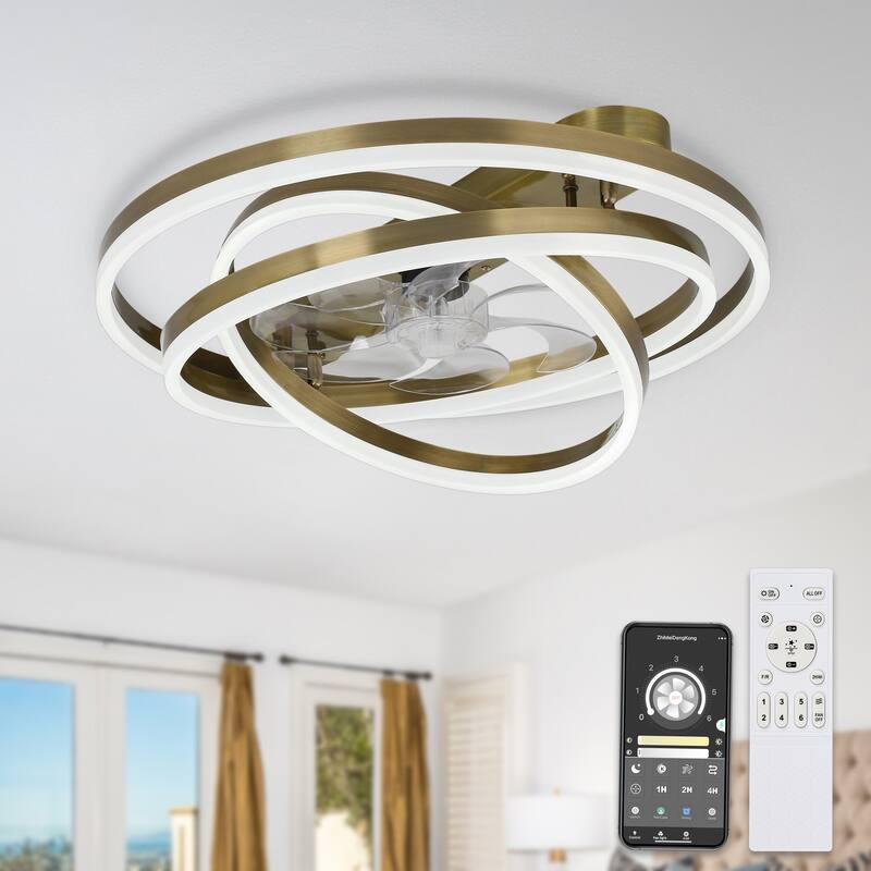 Bella Depot 24 Inch Modern Flush Mount Ceiling Fan with Dimmable Light, 6-Speed DIY Shade with Remote and APP Control - 23.6" - Bronze
