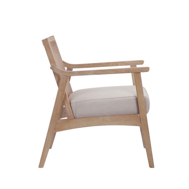 28 Inch Lounge Armchair with Cane Back, Beige Polyester Boucle, Brown Frame