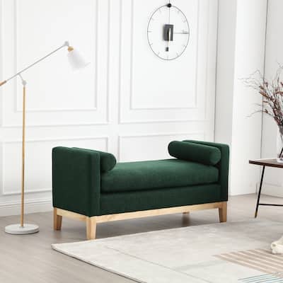 53.5"W Elegant Upholstered Bench, Ottoman with Wood Legs & Bolster Pillows for End of Bed, Bedroom, Living Room, Entryway, Green