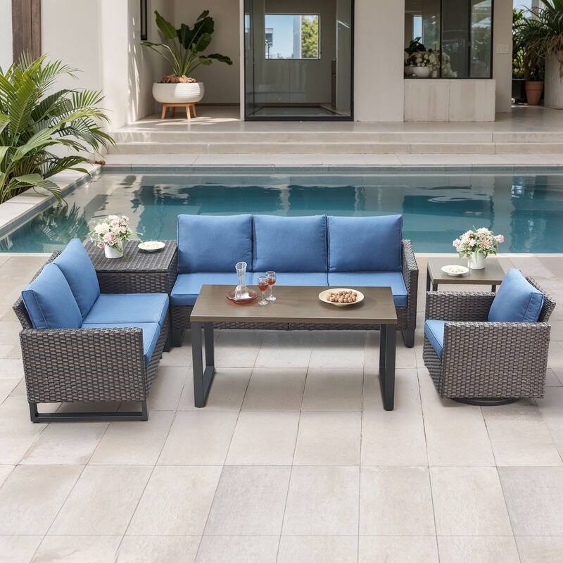 Gymojoy 6 Person Outdoor Patio Wicker Conversation Set Group With Swivel Chairs - Brown Wicker / Blue Cusion - 6-Piece