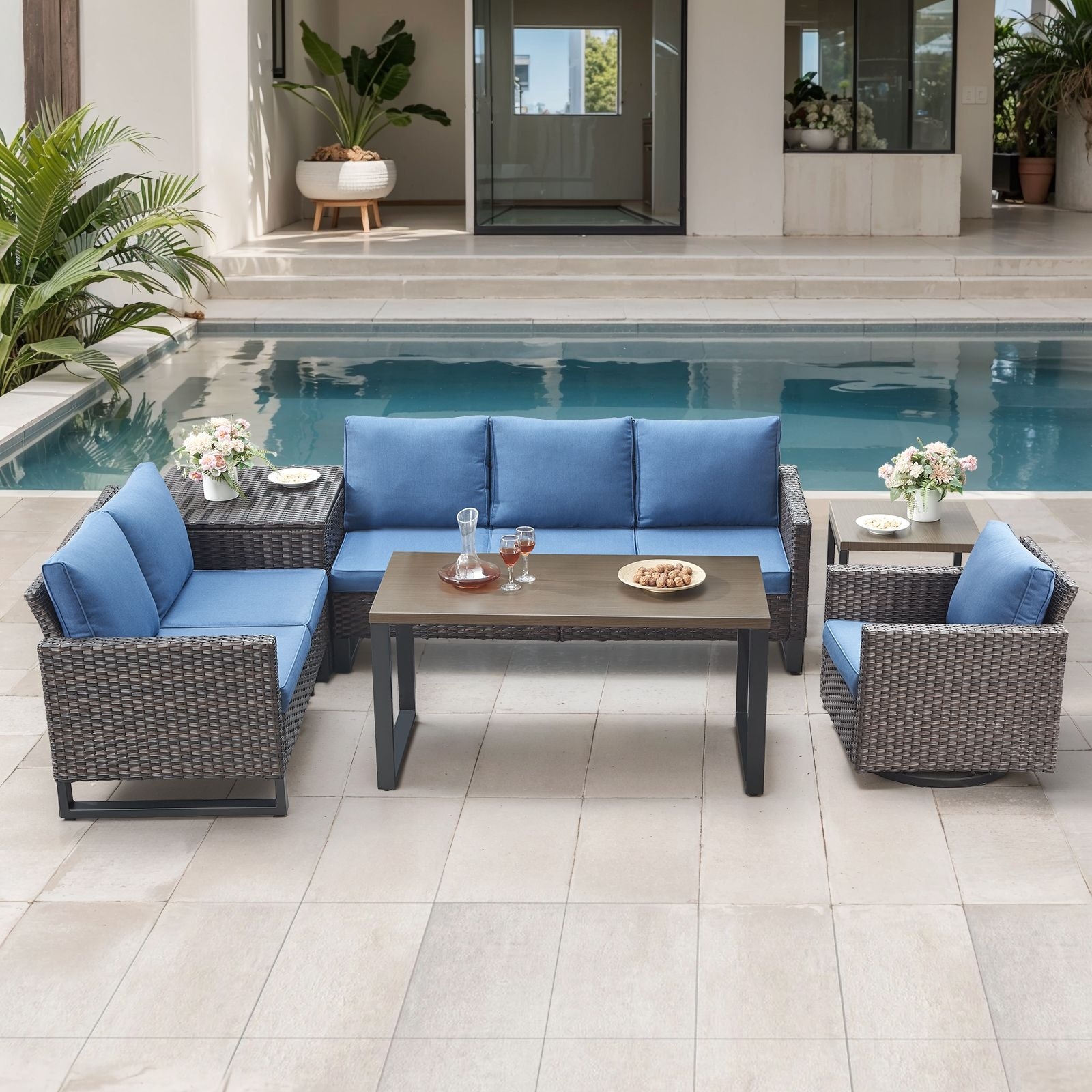 Gymojoy 6 Person Outdoor Patio Wicker Conversation Set Group With Swivel Chairs