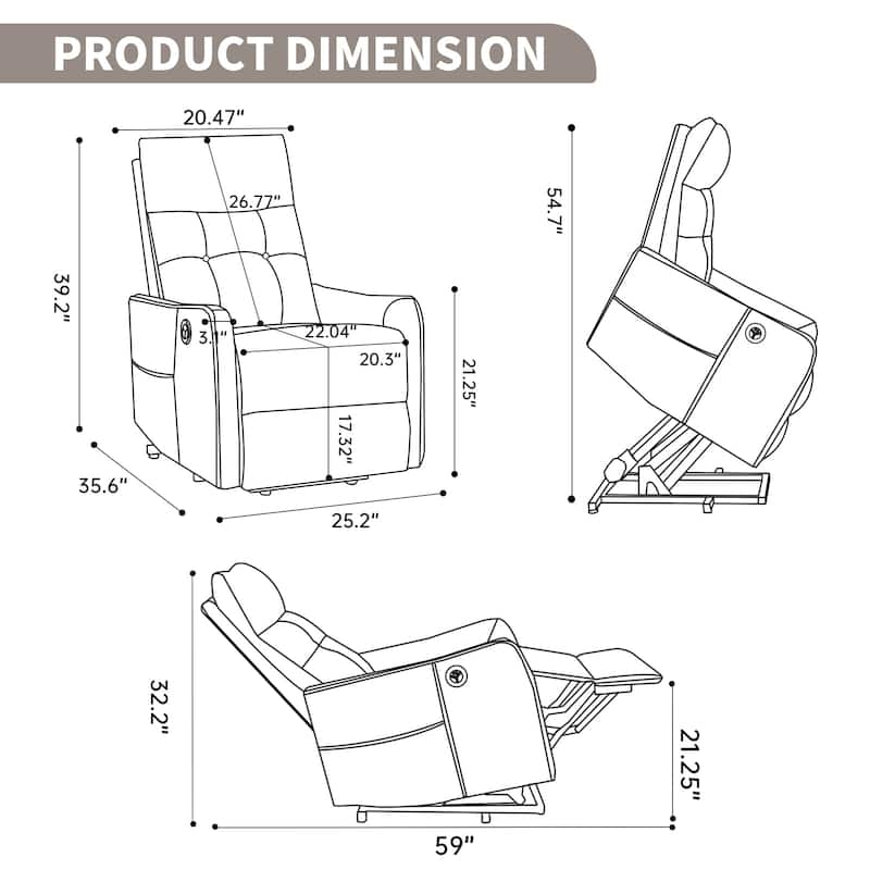 Single Motor Power Lift Recliner with USB Port and 155 Degree Recline