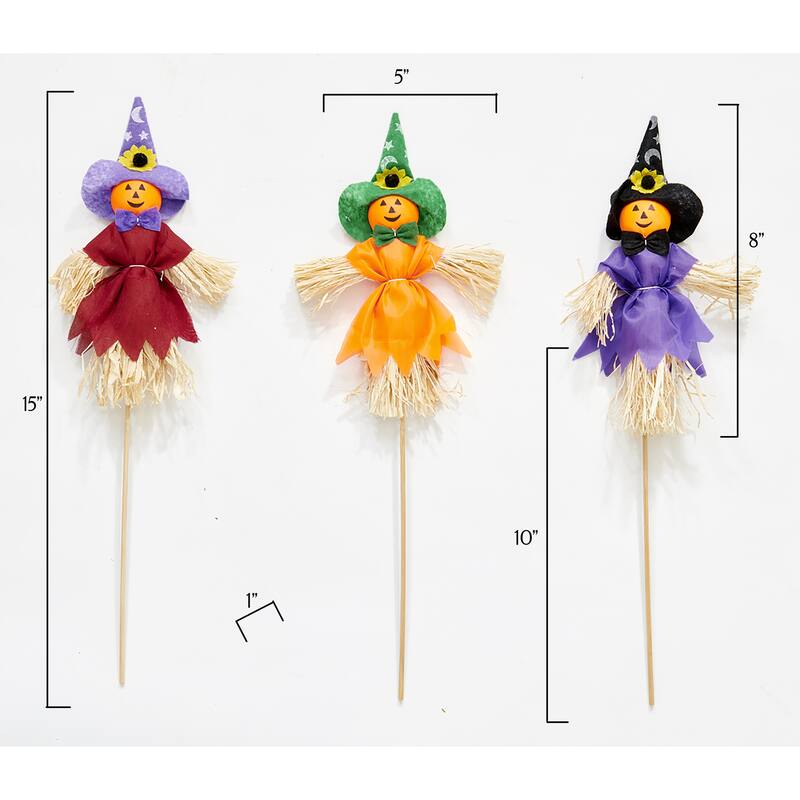 Small 8" Halloween Pumpkin With Witch Hat Pick on 10" Wooden Stick, 3 Assorted, Set of 12