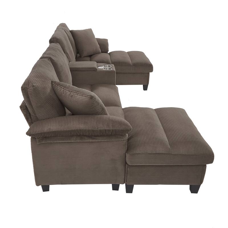 Corduroy Upholstered 4 Seat Sofa, U-shaped Sectional Sofa with Movable Storage Ottomans, Console, Cup Holders and USB Ports